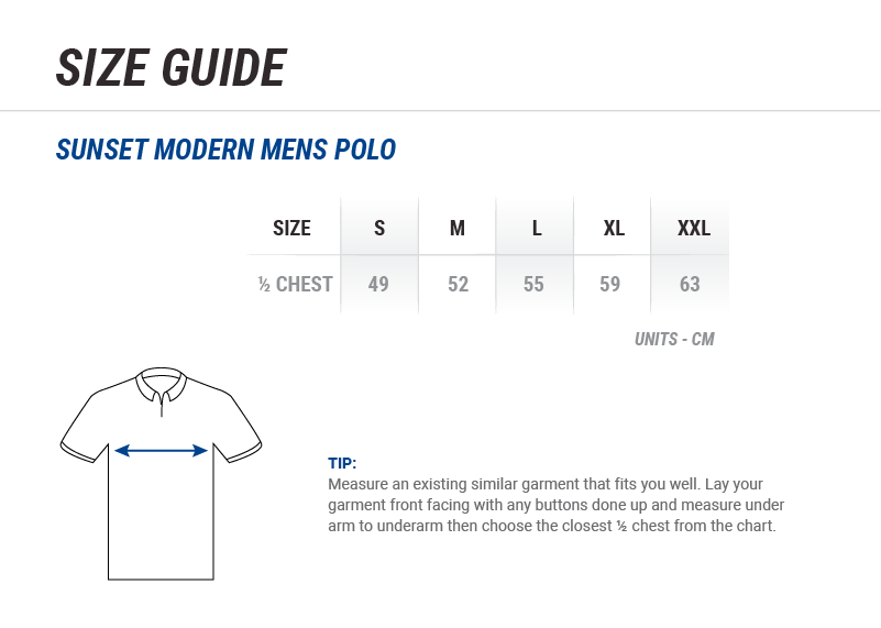 Men's Sunset Modern Polo Size Chart
