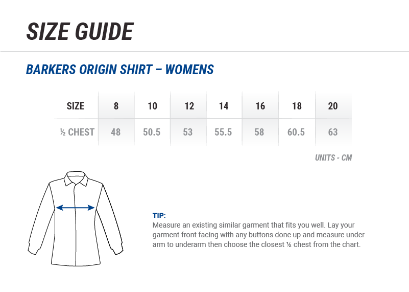 Women's Barkers Origin Shirt Size Chart