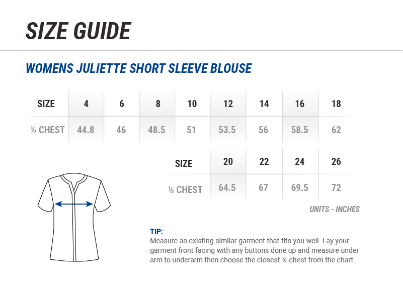 Womens Juliette Short Sleeve Blouse Size Chart