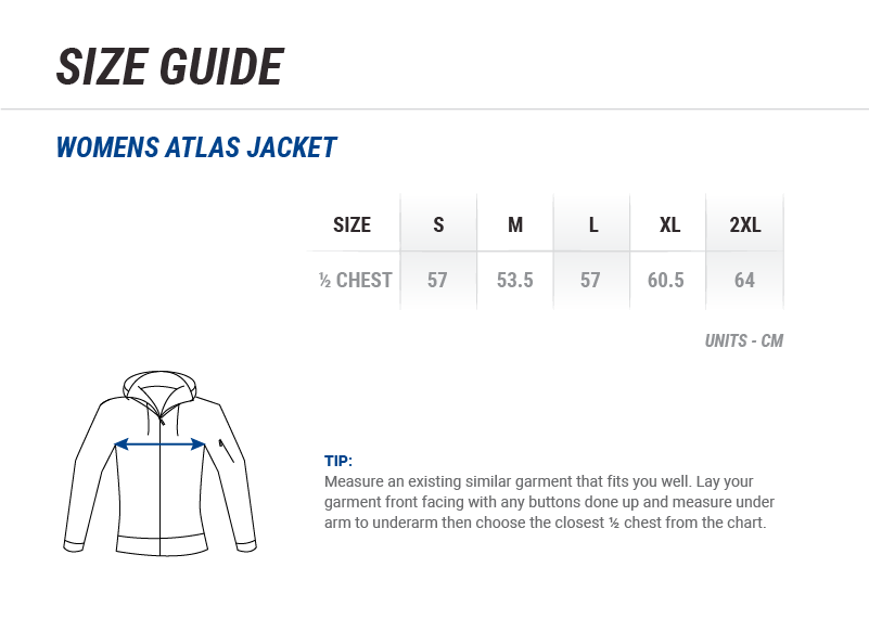 Women's Atlas Jacket Size Chart